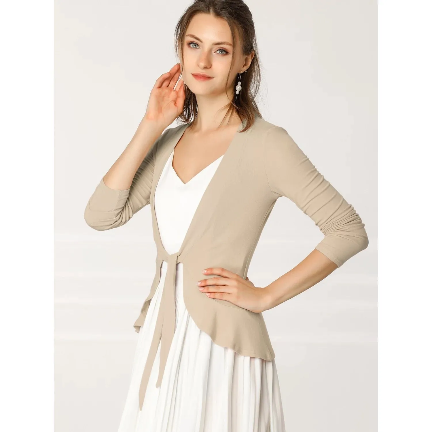 ALLEGRA K Women's Knitted Cropped Cardigan with Metallic Ruffles and Open Front Long Sleeves ,  grey