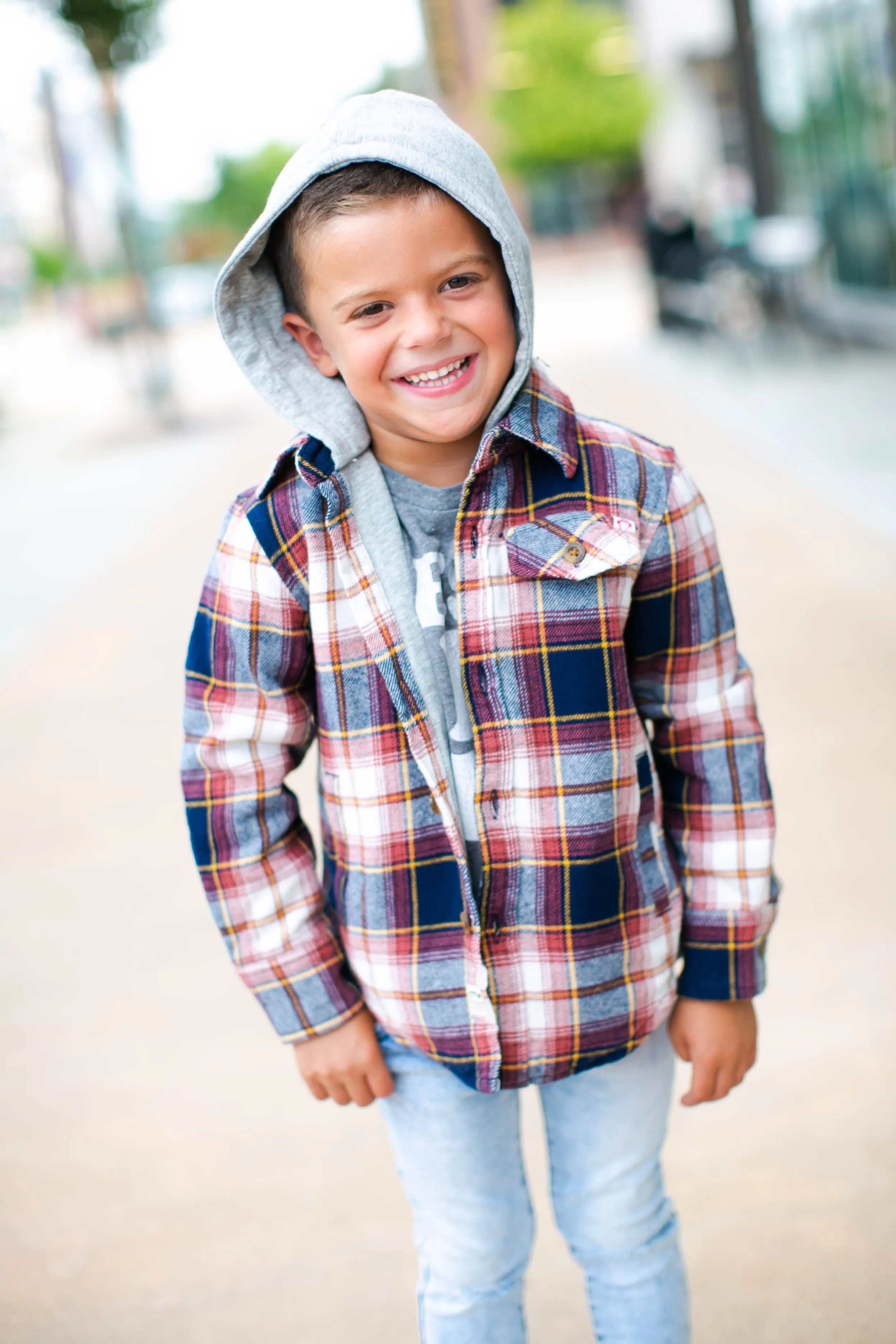 Appaman - Boys Glen Hooded Shirt Jacket in Navy/Clay Plaid