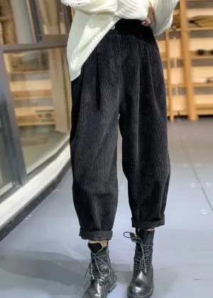 Italian Black Elastic Waist Pockets Warm Fleece Corduroy Pants Winter