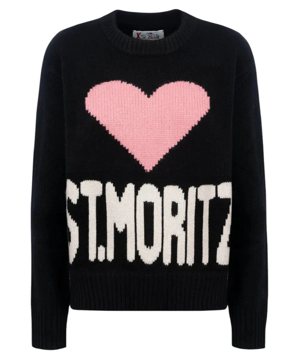 Maglione da Donna Nero Fair Isle Kyla con Stampa St. Moritz in Lana