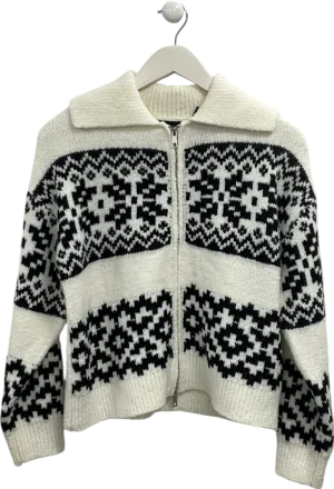 New Look Cream White Fair Isle Knit Zip Cardigan UK M