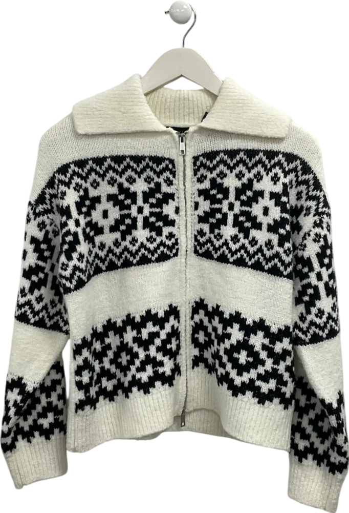 New Look Cream White Fair Isle Knit Zip Cardigan UK M