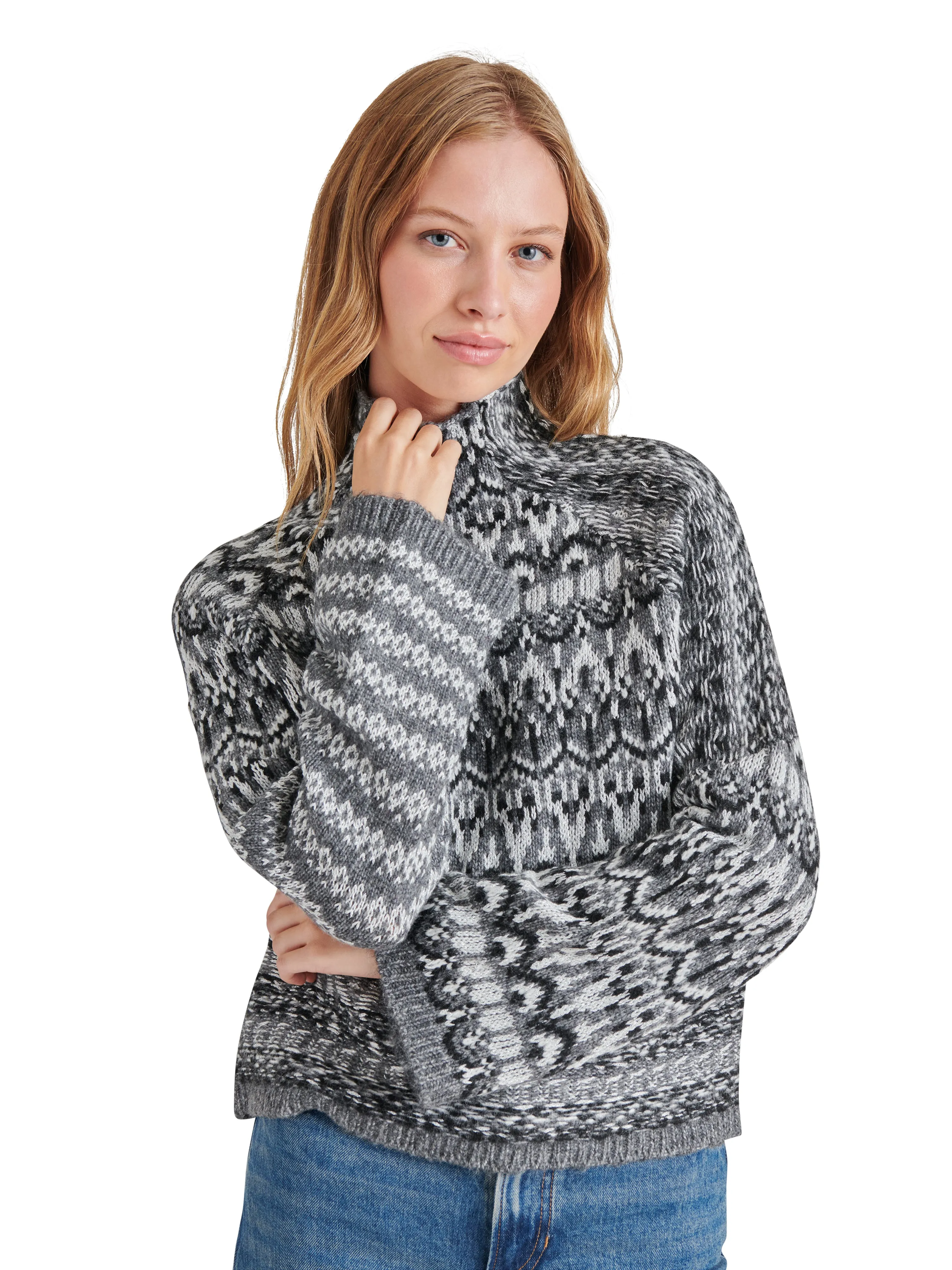 STE Indie Fair Isle Print Mock Neck Long Sleeve Sweater