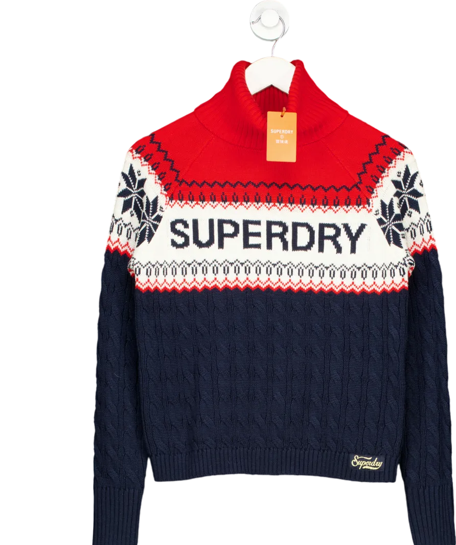 Superdry Navy Blue / Red Fair Isle Logo Roll Neck Jumper UK 8