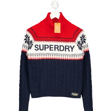 Superdry Navy Blue / Red Fair Isle Logo Roll Neck Jumper UK 8