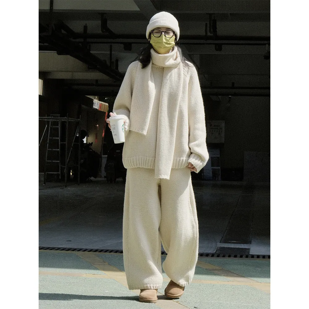 Wenkouban outfit ideas Winter Japanese Retro Lazy Ice Island Wool Thick Knitted Casual Pants Loose Profile Slimming Warm Wool Trousers for Women