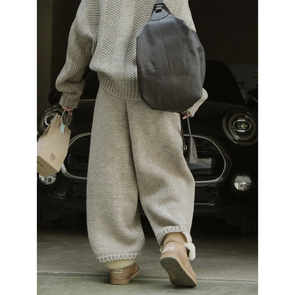 Wenkouban outfit ideas Winter Japanese Retro Lazy Ice Island Wool Thick Knitted Casual Pants Loose Profile Slimming Warm Wool Trousers for Women