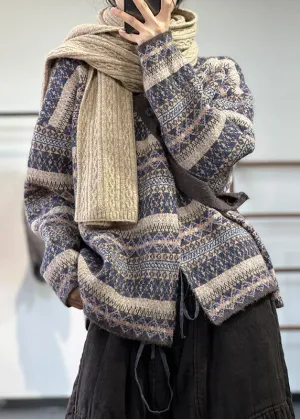 Women Blue Asymmetrical Oversized Print Wool Knit Cardigan Winter Women Blue Asymmetrical Oversized Print Wool Knit Cardigan Winter