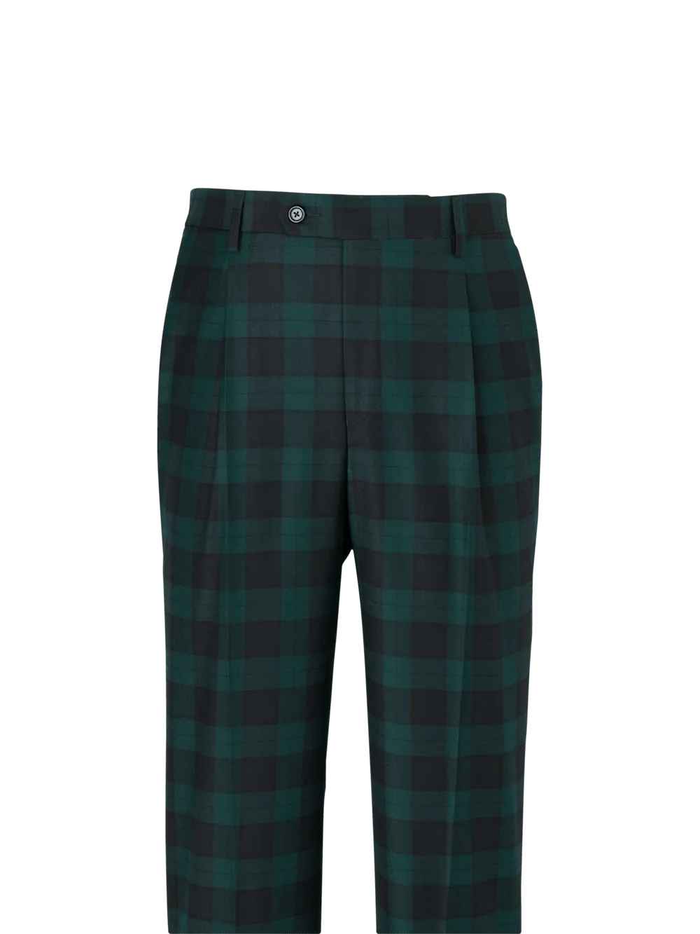 Wool Flannel Plaid Single Pleat Pants - Green/navy