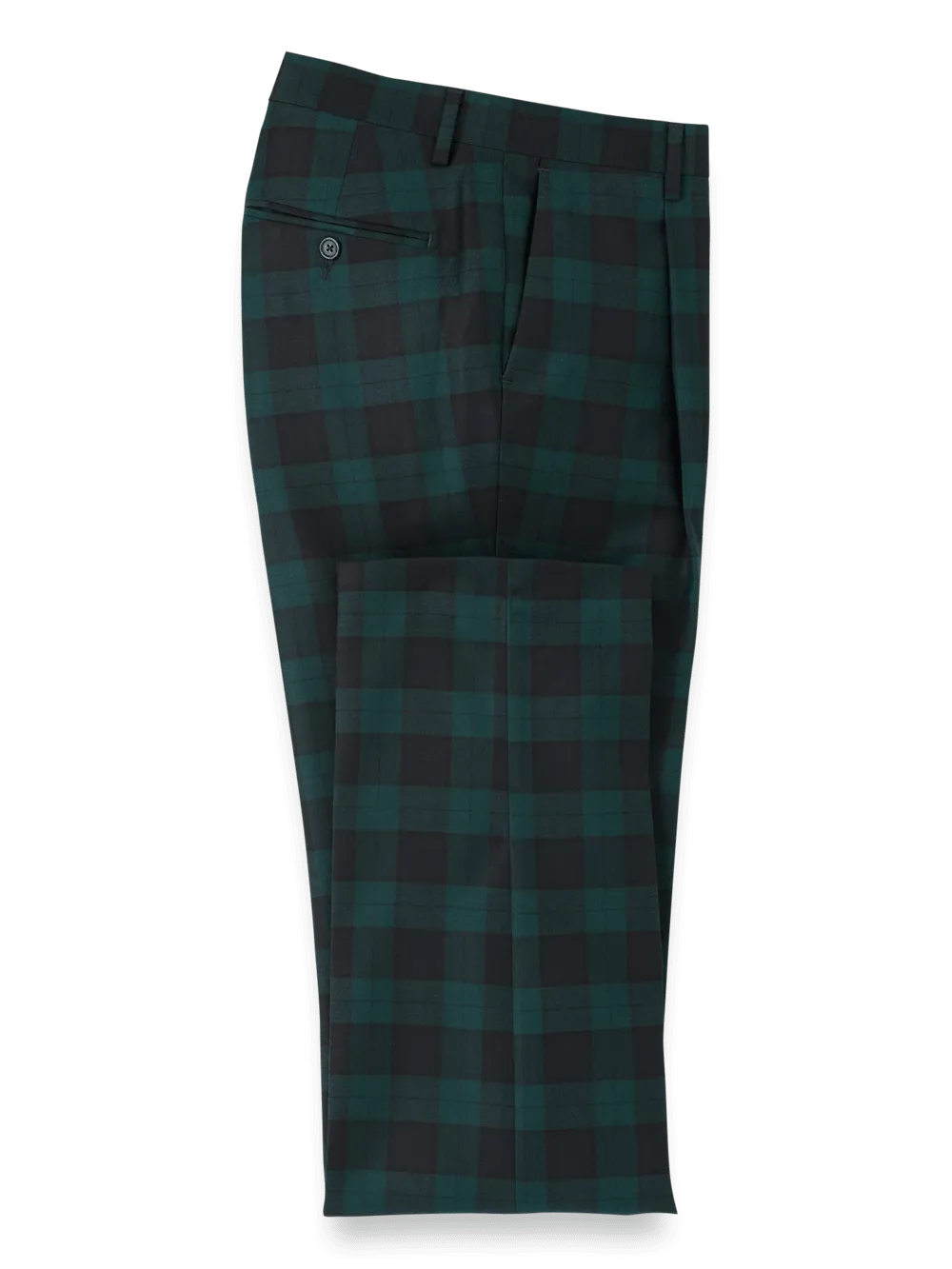 Wool Flannel Plaid Single Pleat Pants - Green/navy